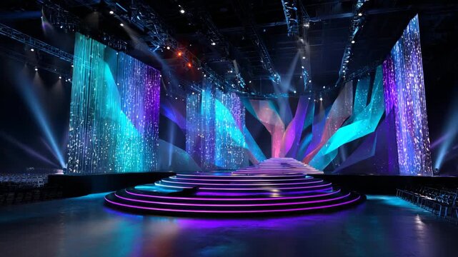 A dynamic 3D award setup featuring cascading glitter trails, rhythmic geometric shifts and glowing accents, captured in high-clarity lighting for professional appeal