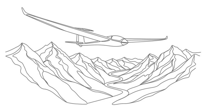 Glider Aircraft Flying Over Majestic Mountain Range with Winding River Below