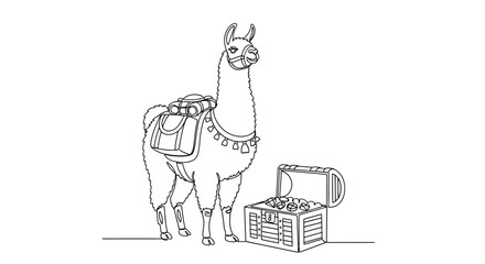Fototapeta premium Llama with Treasure Chest - Line Art Illustration