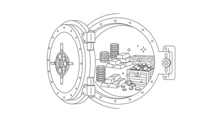 Open Vault Filled with Gold Bars, Coins, and Treasure Chest - Secure Wealth Storage © Azizi