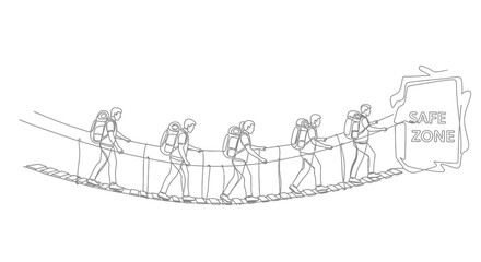 Obraz premium Hikers crossing suspension bridge to safe zone, teamwork, adventure, line art illustration