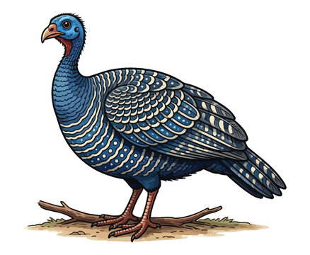 Stately blue ocellated turkey cartoon standing on a branch, colorful avian wildlife.