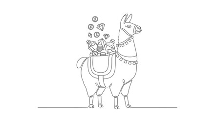 Fototapeta premium Llama carrying treasure, gold coins, and gems in a single line art illustration.