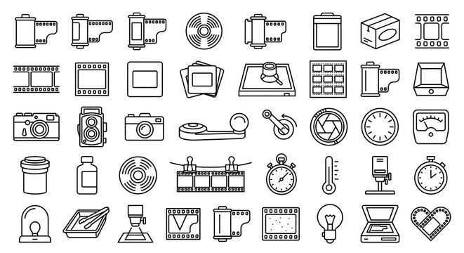 Set of thin line icons for photography and film development