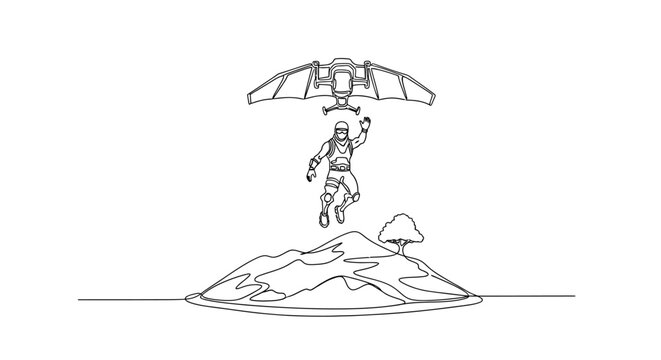 Astronaut paragliding over alien planet island with futuristic glider
