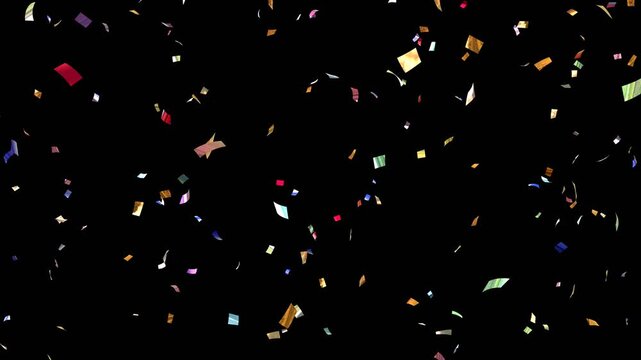 Multicolor Confetti party explosion animation, 3D animation of exploding confetti falling on birthday party celebration. confetti rain effect overlay transparent screen alpha channel.