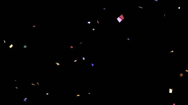 Multicolor Confetti party explosion animation, 3D animation of exploding confetti falling on birthday party celebration. confetti rain effect overlay transparent screen alpha channel.