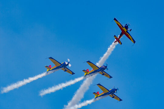 Bucharest, Romania 8-30-2025 BIAS 2025 Airshow, Baneasa airport, Hawks of Romania aerobatics team performing stunts