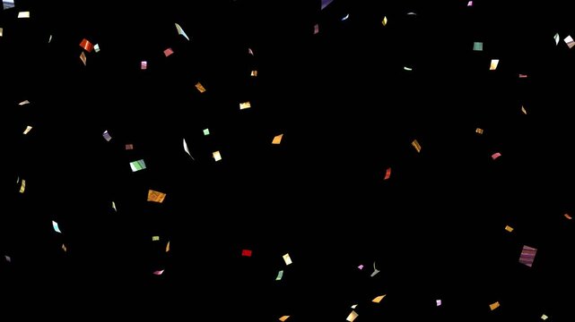 Multicolor Confetti party explosion animation, 3D animation of exploding confetti falling on birthday party celebration. confetti rain effect overlay transparent screen alpha channel.