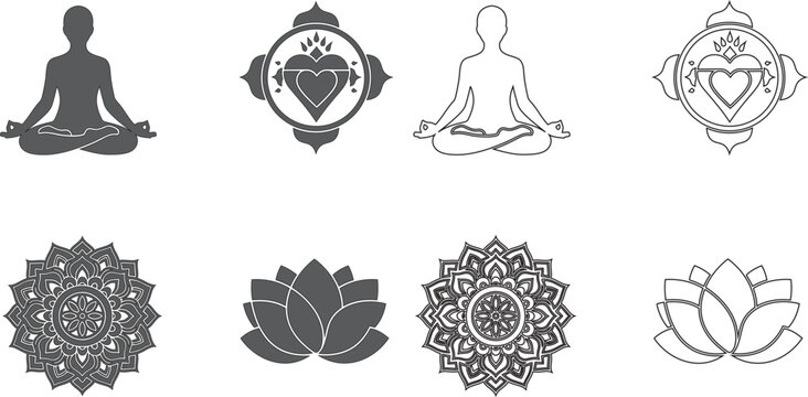 Zen collection eight gray scale vector icons featuring yoga meditation lotus flowers and chakra symbols