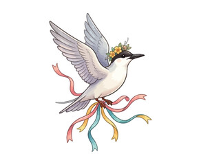 Beautiful arctic tern bird flying with floral head crown and colorful ribbons tied around. © Farida