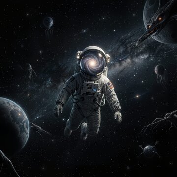 A lone astronaut adrift in the void, their helmet reflecting a swirling nebula of existential dread.