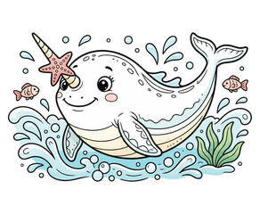 Happy narwhal with unicorn horn swimming in ocean waves with fish. © Farida