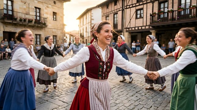 Vibrant female dancers joyfully perform traditional folk dances holding hands outdoor historic spanish village square san ferm&iacute;n celebration.