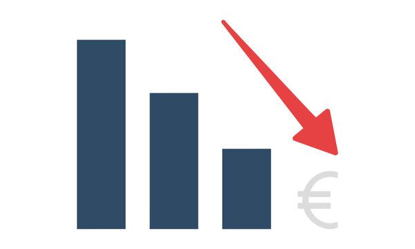 Minimalist line art icon of a financial decline with descending bar chart columns and a downward arrow for economic loss and business budget reduction concept