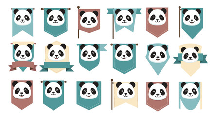 Fototapeta premium Variety of panda bear face icons presented on different pennants, banners, and crests in a soft blue and beige color scheme.