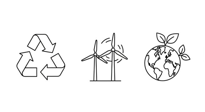 Recycling, wind energy, and global sustainability symbols.