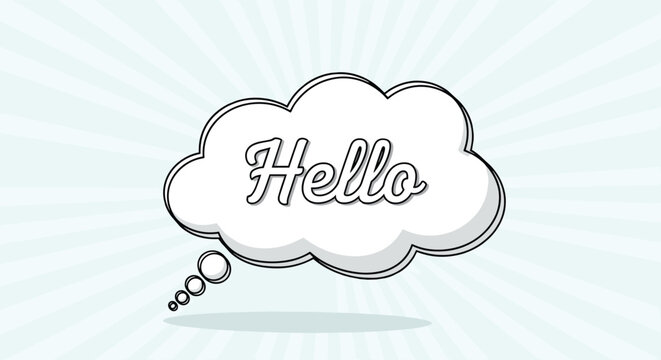 Thought bubble with the word hello written inside against a soft blue sunburst background with radial light rays and effects.