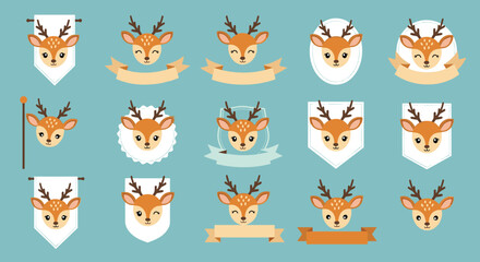 Fototapeta premium Adorable baby deer head icons displayed on several ribbons, banners, and circular frames in a soft teal color palette.