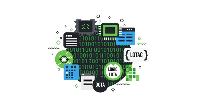 Programming and Software Development Concept Illustration with Binary Code, Microchips, and UI Icons for Technology and Data Logic Projects