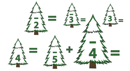 Obraz premium Educational math worksheet for children featuring subtraction problems with numbers written on snow-covered evergreen trees in a winter forest.