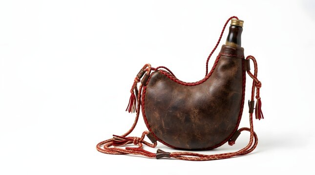 Authentic brown leather bota bag, a traditional spanish artifact, handcrafted for holding wine during pamplona's san ferm&iacute;n festival celebrations.