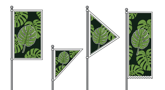 Collection of vertical and triangular flag banners featuring a vibrant green monstera leaf pattern on a dark background for tropical themes.
