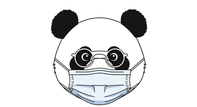 Cute panda bear illustration wearing round eyeglasses and a light blue surgical face mask on a plain white background for healthcare themes.