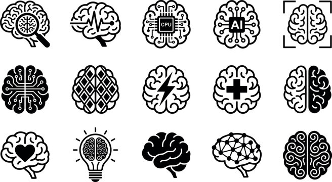 Artificial intelligence brain icons collection with machine learning neural network innovation and cognitive technology symbols