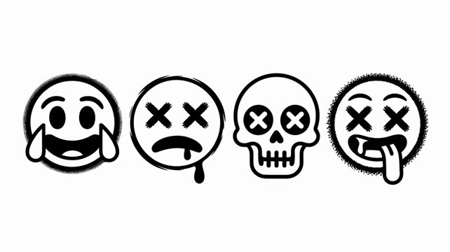 Set of four sad and crying face icons with crossed out eyes showing emotions from upset to dead
