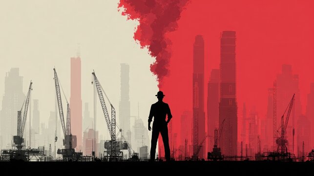 Industrial skyline silhouette featuring a determined factory worker against a backdrop of cranes and smokestacks, with a striking red and beige color scheme
