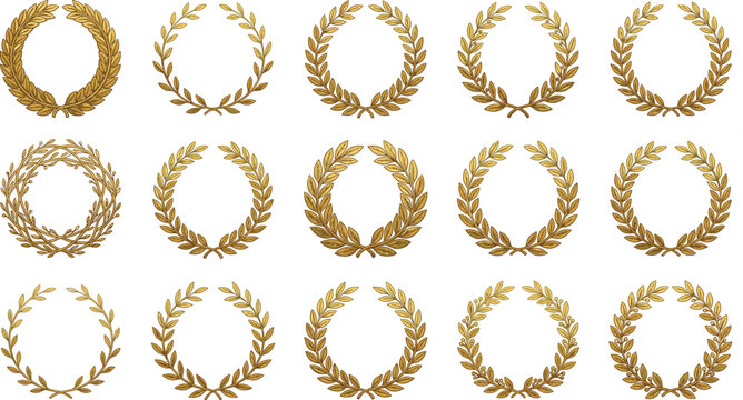 Gold Laurel Wreath Vector Collection with Elegant Textured Olive Branch Circular Frames for Award Certificates, Film Festival Logos, and Luxury Success Winner Branding