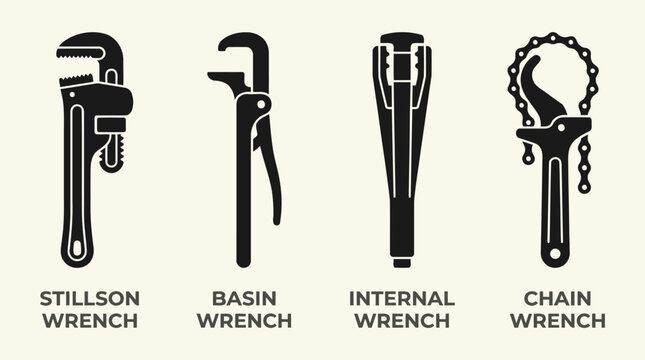 Industrial Pipe Wrench Types Collection Vector Illustration Plumbing Hand Tools Set