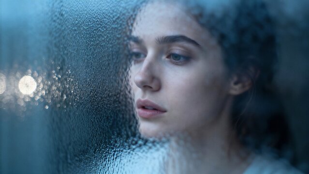 Artistic portrait of a pensive woman partially obscured by textured glass creating a soft blurred effect and moody reflective lighting for a conceptual abstract feel.