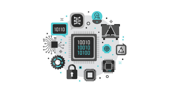Abstract Computer Science and Data Processing Concept Illustration with Microchip, Binary Code, and Cybersecurity Icons on White Background