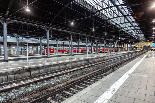 rain station in Wiesbaden, Germany. The classicistic train station opened first in 1906.