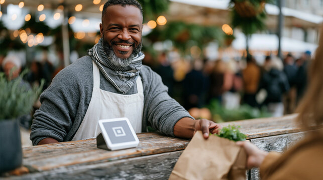 Farmers market vendor processing contactless digital payment on a square reader attached to a weathered wooden booth, a smiling organic grower handing over a paper bag of herbs to
