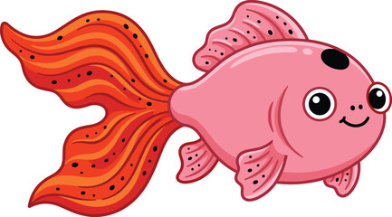 Cute Cartoon Goldfish Vector Illustration with Pink Body and Orange Wavy Tail Fin for Kids Sea Life Books, Aquariums, and Marine Theme Graphic Designs © Sohel