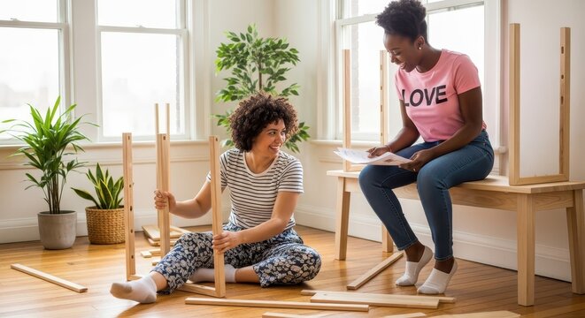 Two Happy Diverse Women Assembling New Wooden Furniture Together in Bright Modern Apartment Living Room