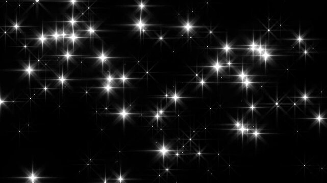 Blinking and Moving Twinkling Star Animation with White Glitter Sparkle Light Effects and Magical Bokeh Lights. Animated 3D Black Screen Style Background in Ultra HD 4K Video