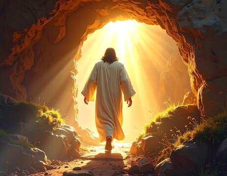 A figure in a white robe walks towards a bright light at the end of a cave