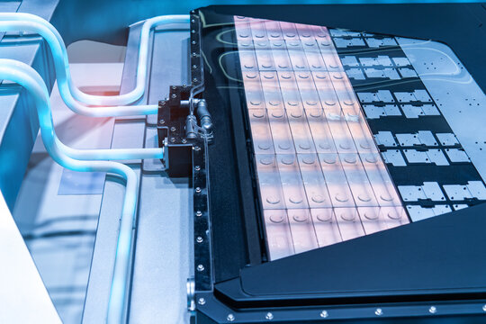 High-Tech Production of Lithium-ion Battery Pack Module for Electric Vehicles, Advanced EV Energy Storage System and Green Technology Manufacturing.