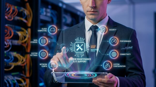 IT Support Services Professional Managing Cloud Computing and Cybersecurity in a Data Center with Holographic Interface for Digital Transformation