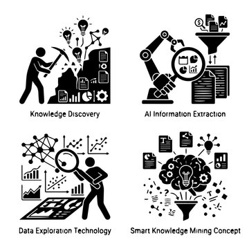 Four black silhouette icons depicting data analysis knowledge mining and artificial intelligence concepts on a white background