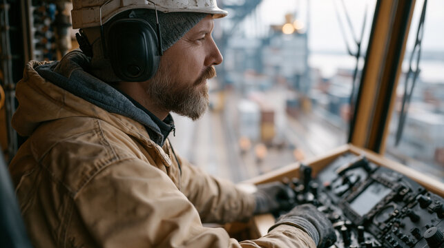 Gantry crane operator inside elevated cab guiding forty-foot shipping container onto cargo vessel at busy seaport, longshoreman directing from dock below, container terminal