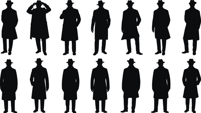 Noir Detective silhouette collection featuring trench coat and fedora hat characters, classic mystery and crime investigation themed vector set.
