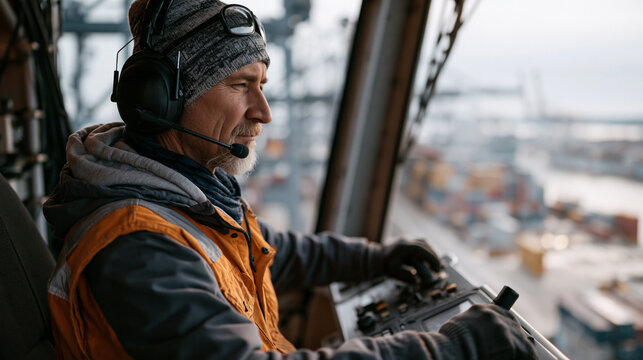 Gantry crane operator inside elevated cab guiding forty-foot shipping container onto cargo vessel at busy seaport, longshoreman directing from dock below, container terminal