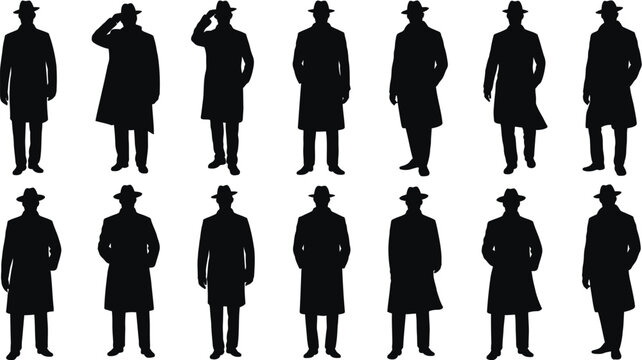 Noir Detective silhouette collection featuring trench coat and fedora hat characters, classic mystery and crime investigation themed vector set.