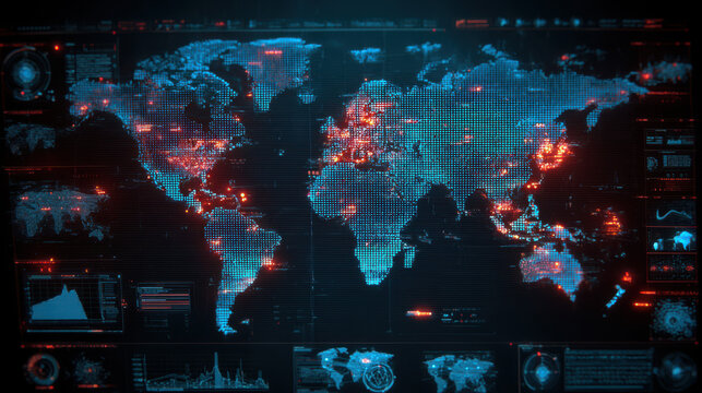 Futuristic world map with glowing blue and red lights on a dark background