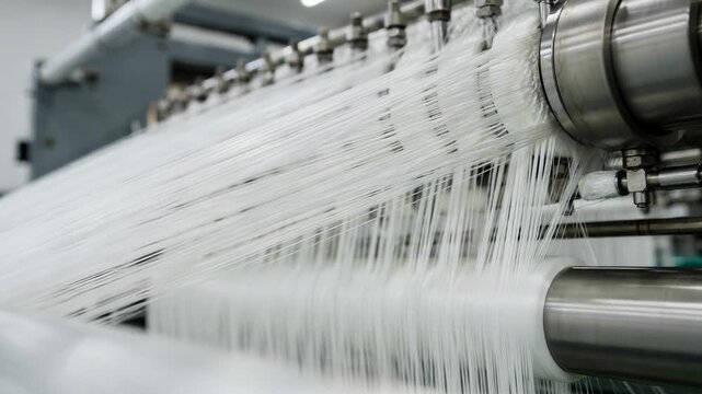 Dynamic medium view of hightenacity polyester staple fiber extrusion showcasing robust strong filaments streaming from spinnerets emphasizing durability and strength in